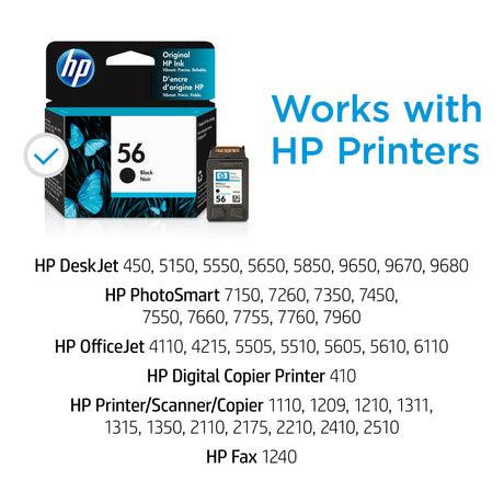 HP 56 Black Ink Cartridge | Works with HP DeskJet 450, 5000, 9600; PhotoSmart 7000; OfficeJet 4000, 5000, 6110; Digital Coper Printer 410; PSC 1000, 2000; Fax 1240 Series | C6656AN