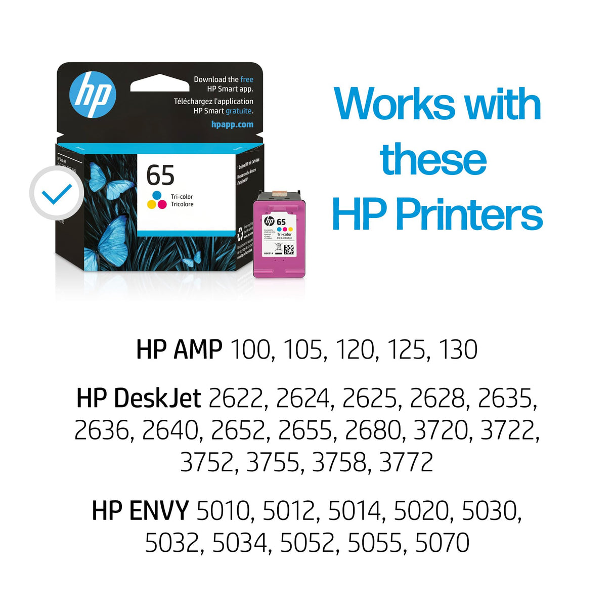 HP 65 Tri-color Ink Cartridge | Works with HP AMP 100 Series, HP DeskJet 2600, 3700 Series, HP ENVY 5000 Series | N9K01AN