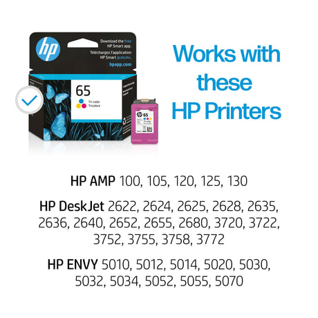 HP 65 Tri-color Ink Cartridge | Works with HP AMP 100 Series, HP DeskJet 2600, 3700 Series, HP ENVY 5000 Series | N9K01AN