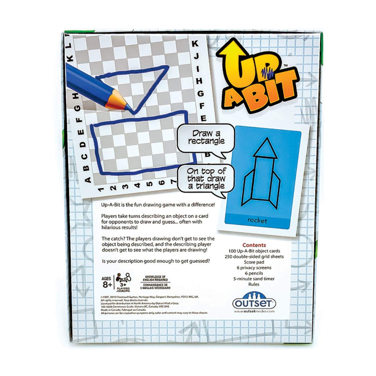 Outset Media Up a Bit Drawing Card Game - Describe an Object to Draw and Guess - Family Guessing Game Ages 8+ - Contains 100 Objects Cards, 250 Double Sided Grid Sheets