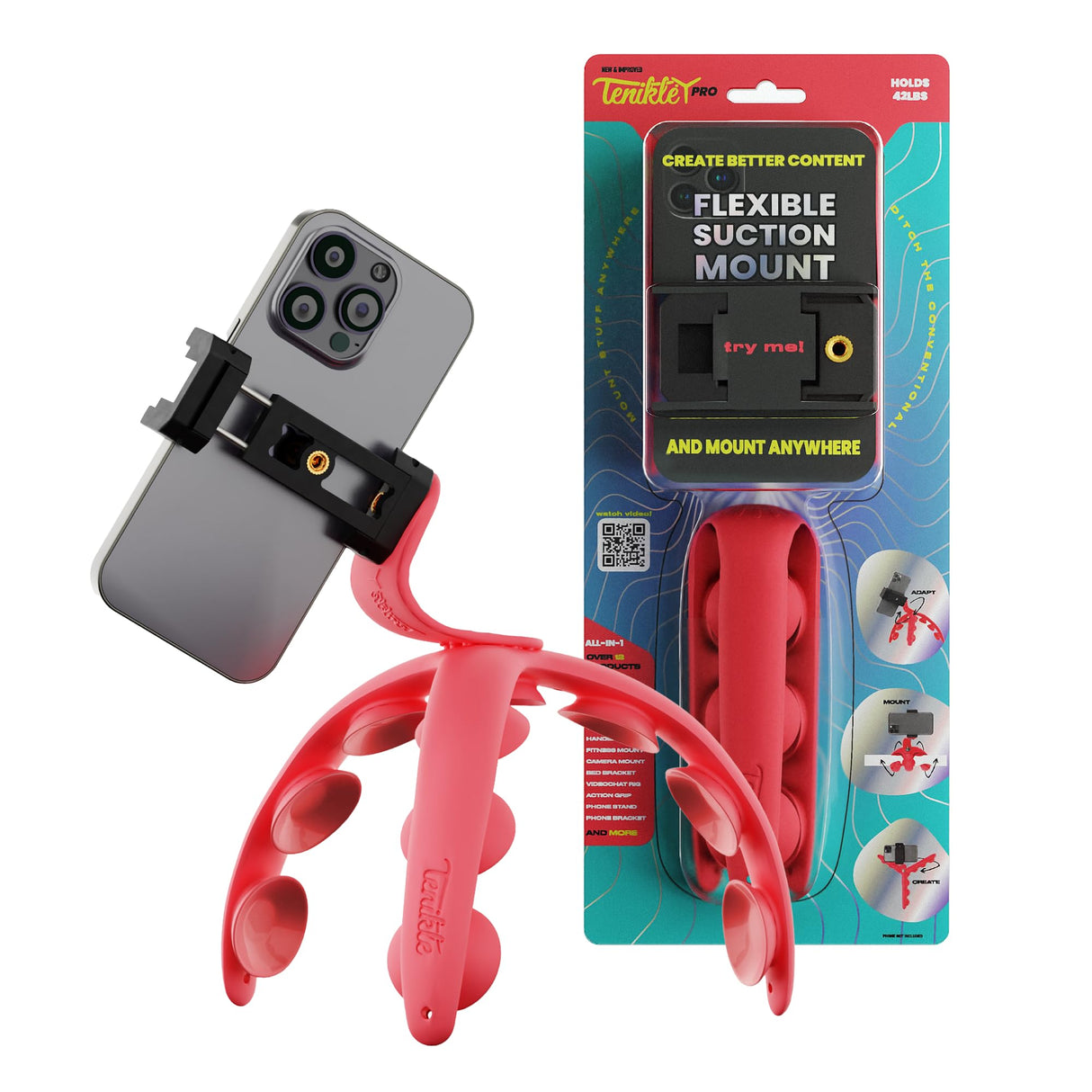 Tenikle - Pro Bendable Suction Cup Tripod Mount - Red