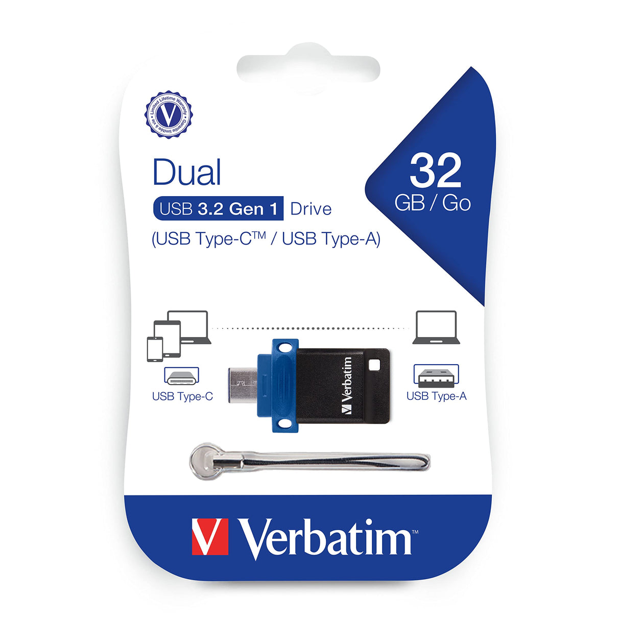 VERBATIM 32GB STORE 'N' GO DUAL USB 3.0 FLASH DRIVE FOR USB-C DEVICES - BLUE