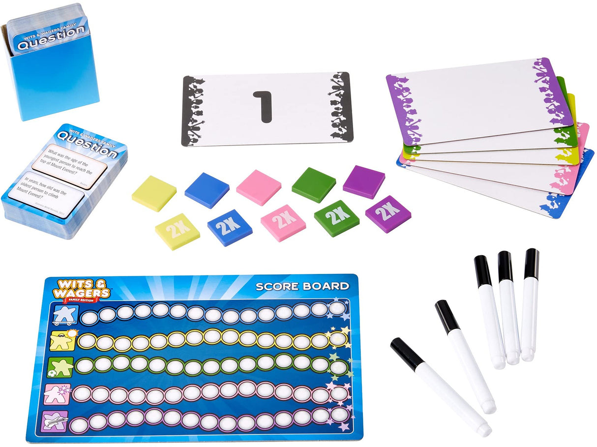 Mattel Games Wits & Wagers Board Game Family Edition for Kids and Adults with Dry Erase Boards, Markers & Question Cards