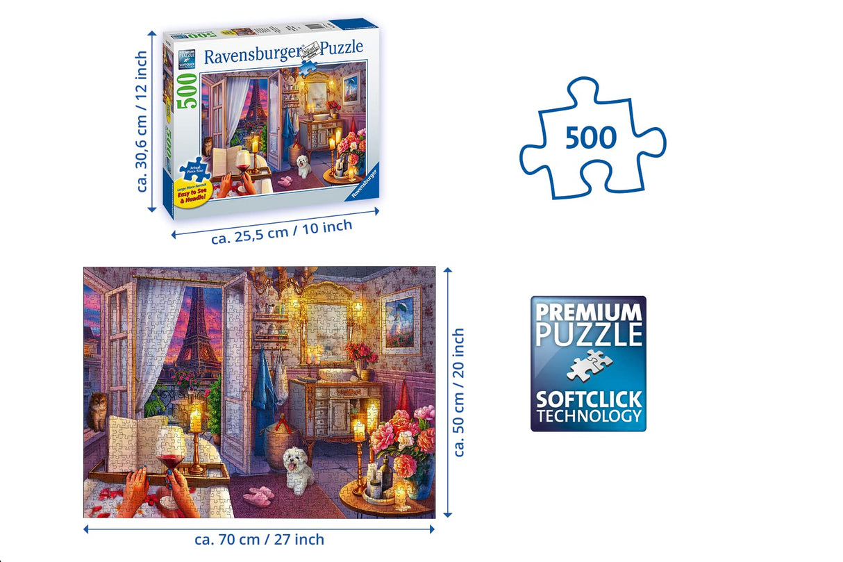 Ravensburger Cozy Bathroom Jigsaw Puzzle - 500 Piece Large Format | Adult Friendly | Unique Softclick Technology for Perfect Fit | Vibrant & Glare-Free | FSC-Certified Sustainable Product