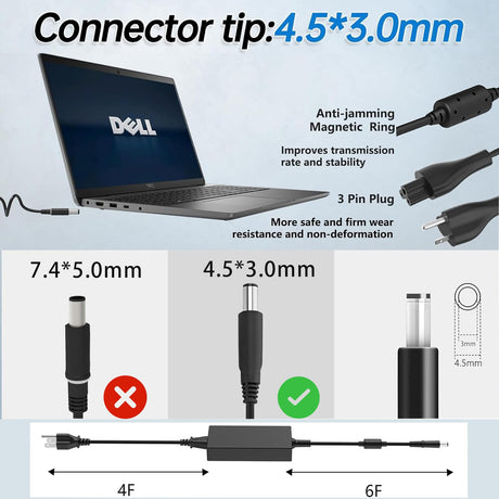 65W Laptop Charger for Dell inspiron 13 14 15 17 3000 5000 7000 Series 3565 3567 3576 5558 5755 7212 7506 2in1 5555 5559 0G6J41 0MGJN9 19.5V 3.34A Tip 4.5mm Power Adapter (65W)