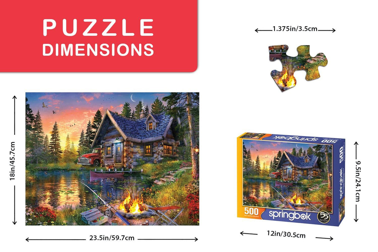 Springbok Sun Kissed Cabin 500 Piece Jigsaw Puzzle for Adults Features a Fishing Cabin by The Lake in a Colorful Illustration