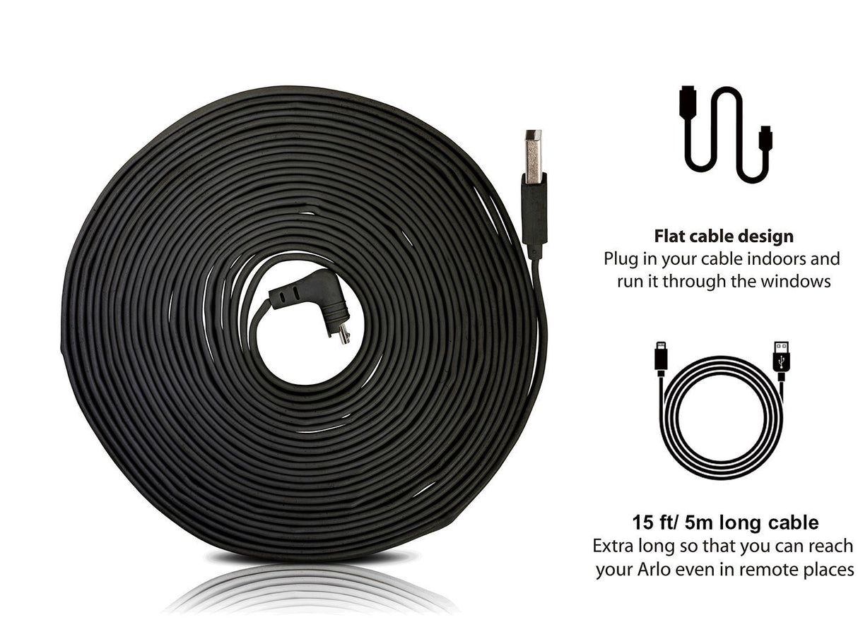 Weatherproof 16ft/5m Cable Compatible With Arlo Pro & Arlo Pro 2 — by Wasserstein (Black)