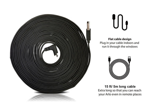 Weatherproof 16ft/5m Cable Compatible With Arlo Pro & Arlo Pro 2 — by Wasserstein (Black)