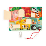 Janod Farm Padlock Activity Board with 5 Opening Types of Wooden Toys, FSC- from 3 Years, Multi-Coloured