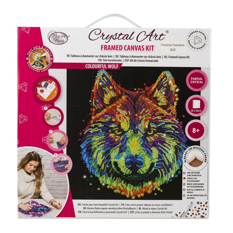 Crystal Art Medium Framed Kit (11.8in x 11.8in) - Colorful Wolf - Diamond Painting Kit for Ages 8 and Up