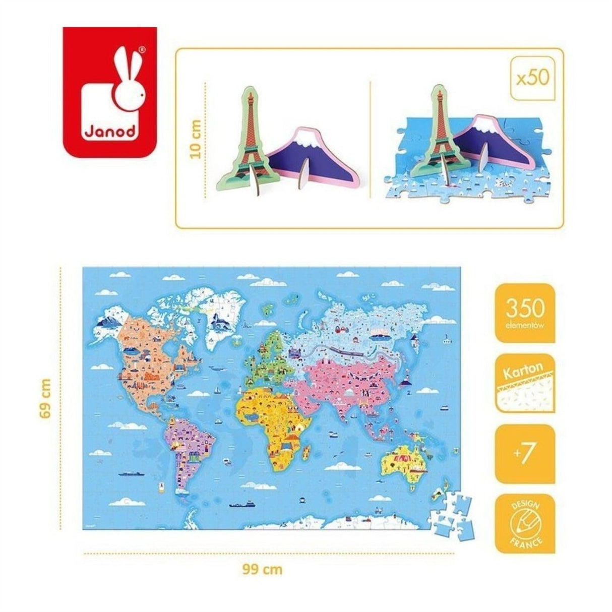 Janod 350 Piece Educational World Atlas Floor Puzzle - Ages 6+