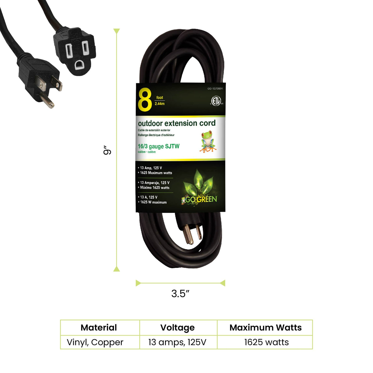 GOGREEN HEAVY-DUTY OUTDOOR POWER EXTENSION CORD - BLACK - 8'