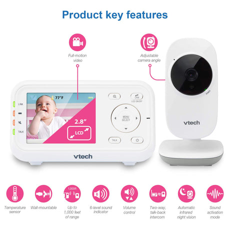 VTech VM3252 Baby Monitor, 2.8” Screen, 1000ft Range, Night Vision, 2-Way Audio , Temperature Sensor, Lullabies, Secure Transmission No WiFi