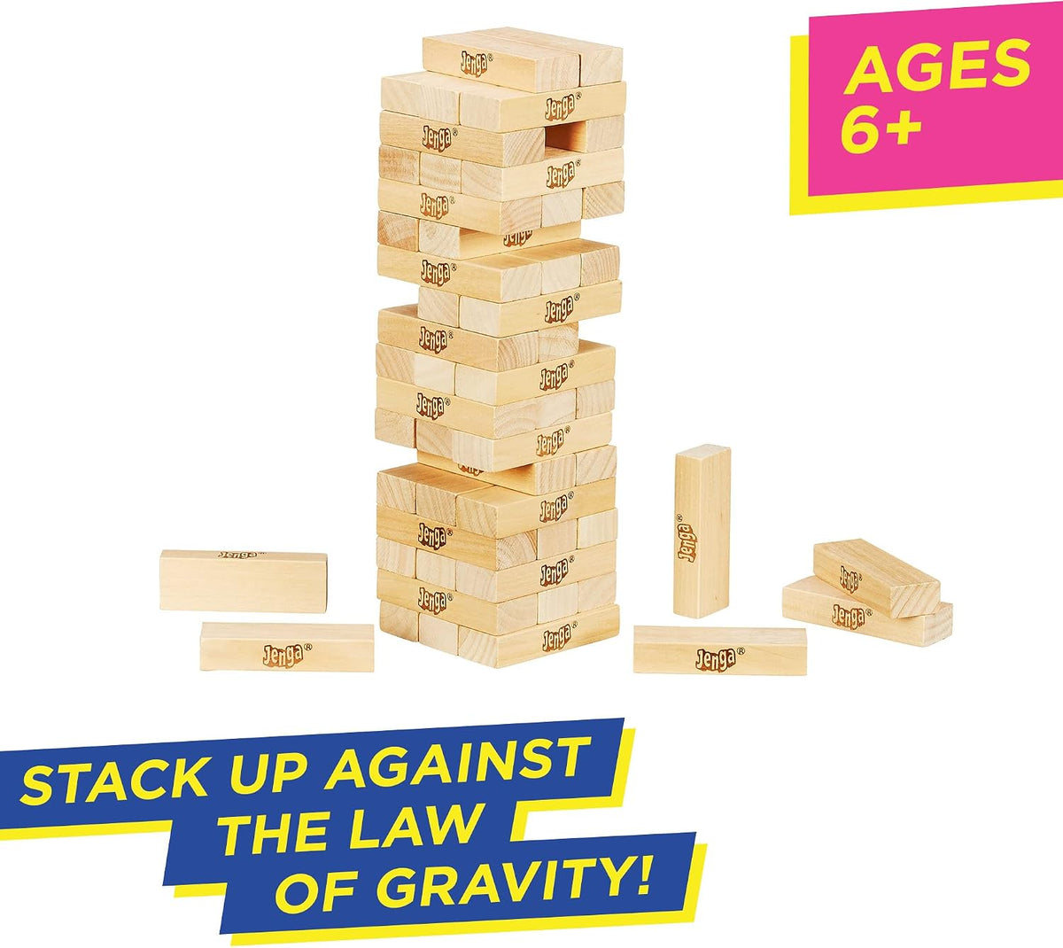Jenga tower of 54 hardwood blocks with blocks pulled out