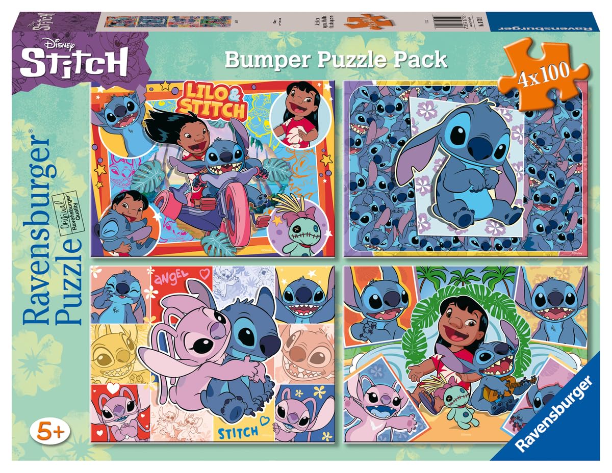 Ravensburger Disney Stitch Bumper Pack 4x100 Piece Jigsaw Puzzle for Kids - Every Piece is Unique, Pieces Fit Together Perfectly