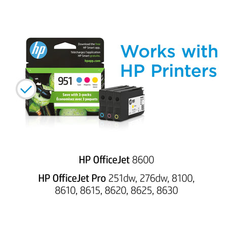 HP 951 Cyan, Magenta, Yellow Ink Cartridges (3 pack)| Works with HP OfficeJet 8600, HP OfficeJet Pro 251dw, 276dw, 8100, 8610, 8620, 8630 Series | Eligible for Instant Ink | CR314FN, Combo 3-Pack