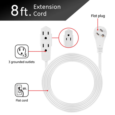 GE 3-Outlet Flat Extension Cord 8 Ft Grounded Extension Cord with Multiple Outlets 3 Prong Outlet Extender Flat Plug Power Strip Indoor Extension Cord 16 Gauge UL Listed White 50251