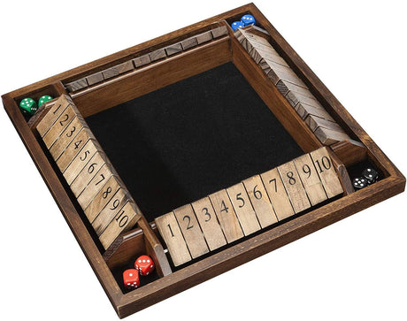 Wooden dice tray with numbered squares and dice on a white background