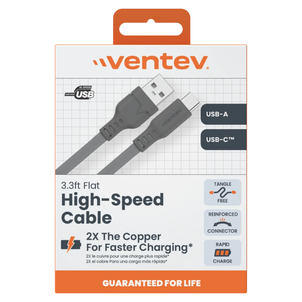 Ventev - Flat USB A to USB C High Speed Tangle-Free Cable 3.3ft - Gray