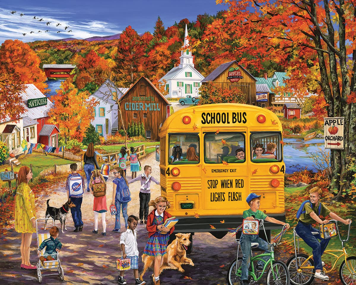 White Mountain - Schools Out, 1000 Piece Jigsaw Puzzle, Autumn Puzzle, School Puzzle, School Bus, Fall Puzzle