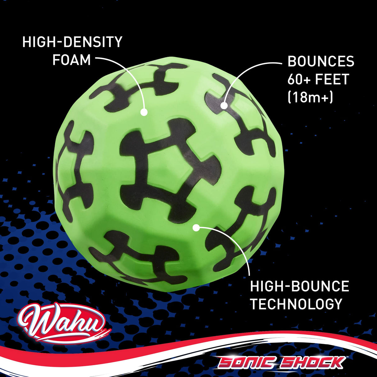 Wahu Sonic Shock Ball, Bounces up to 60' in The Air, 2.7" Ultra-Bounce Foam Outdoor Throw and Catch Ball for Kids Ages 5+, Green