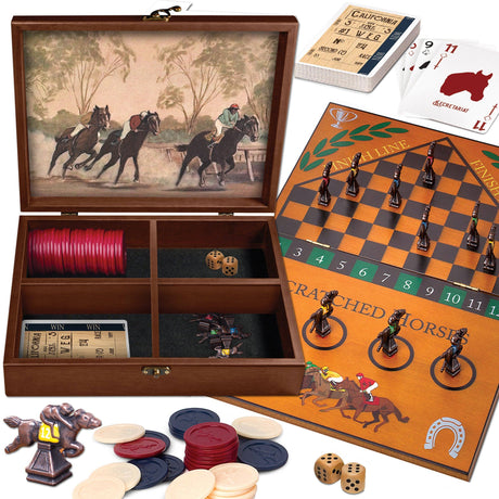 Wooden game box with compartments, playing cards, dice, and a checkered board with horse racing design.