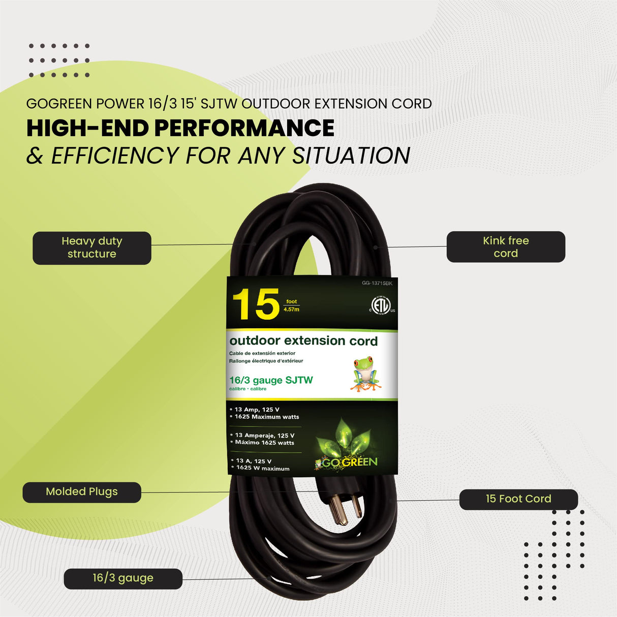 6100572: GOGREEN HEAVY-DUTY OUTDOOR POWER EXTENSION CORD - BLACK - 8' - 15'