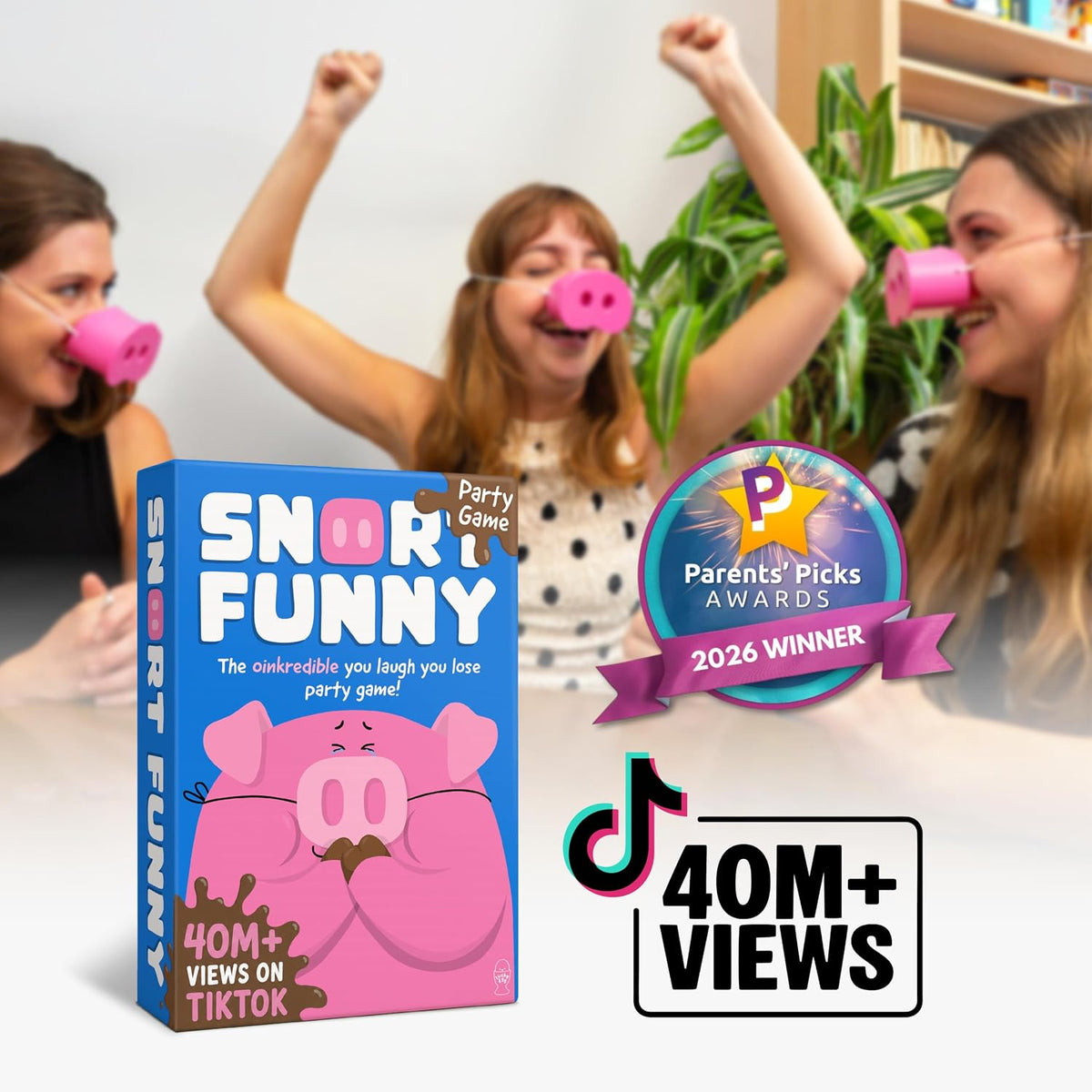 Group playing Snort party game with pig snouts