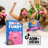 Group playing Snort party game with pig snouts