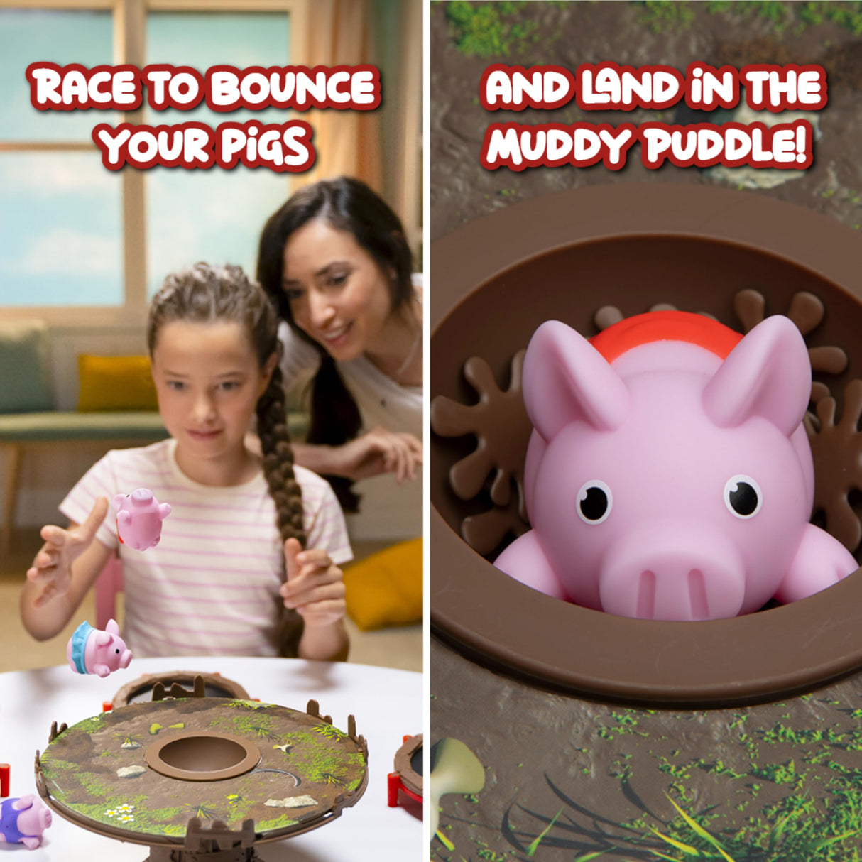 PlayMonster Pigs on Trampolines Board Games – Family Game, Kids Games, Multi-Player, Board Games for Family Night, Preschool Toys, Hand-Eye-Coordination Game, The Muddiest Pig Wins The Game, Ages 6+