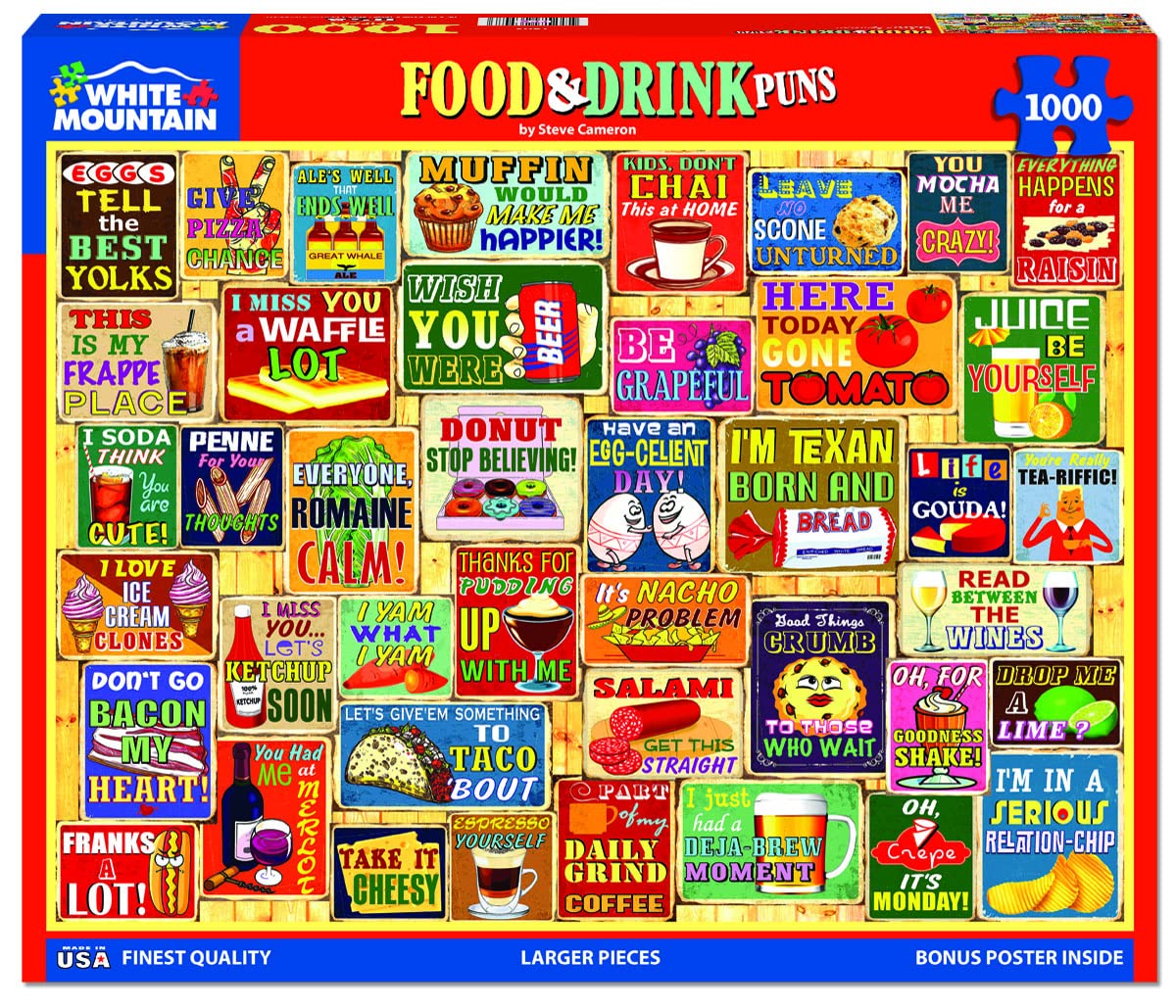 White Mountain Food & Drink 1000 Piece Jigsaw Puzzles Funny Pun Collage Puzzle for Adults and Family