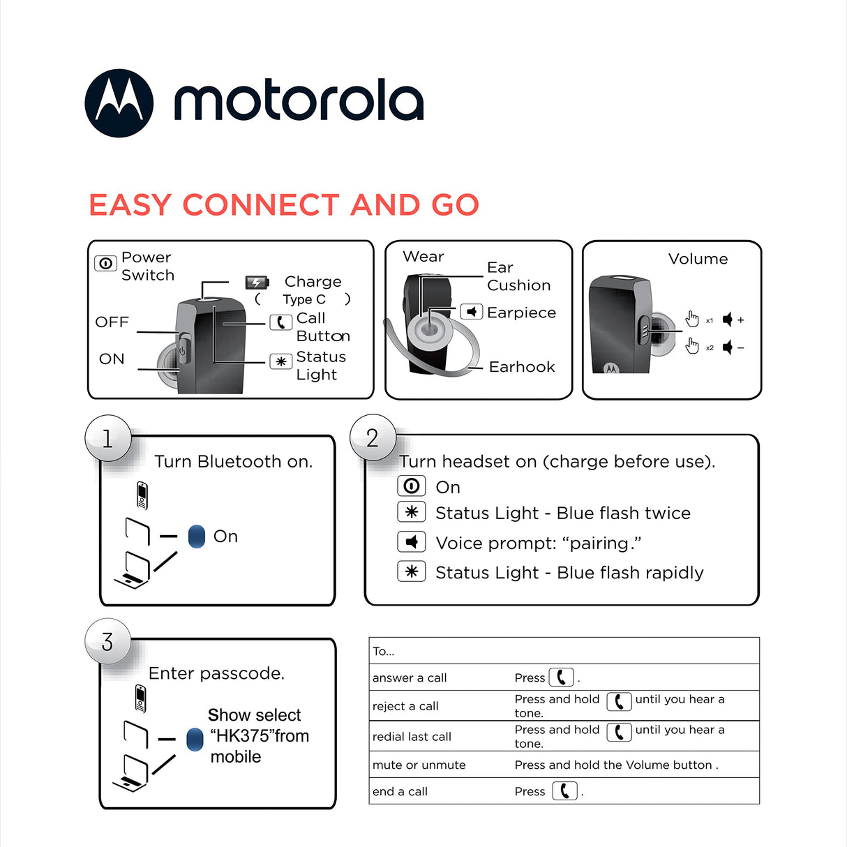 Motorola - Hk385 In Ear Mono Bluetooth Headset - Black