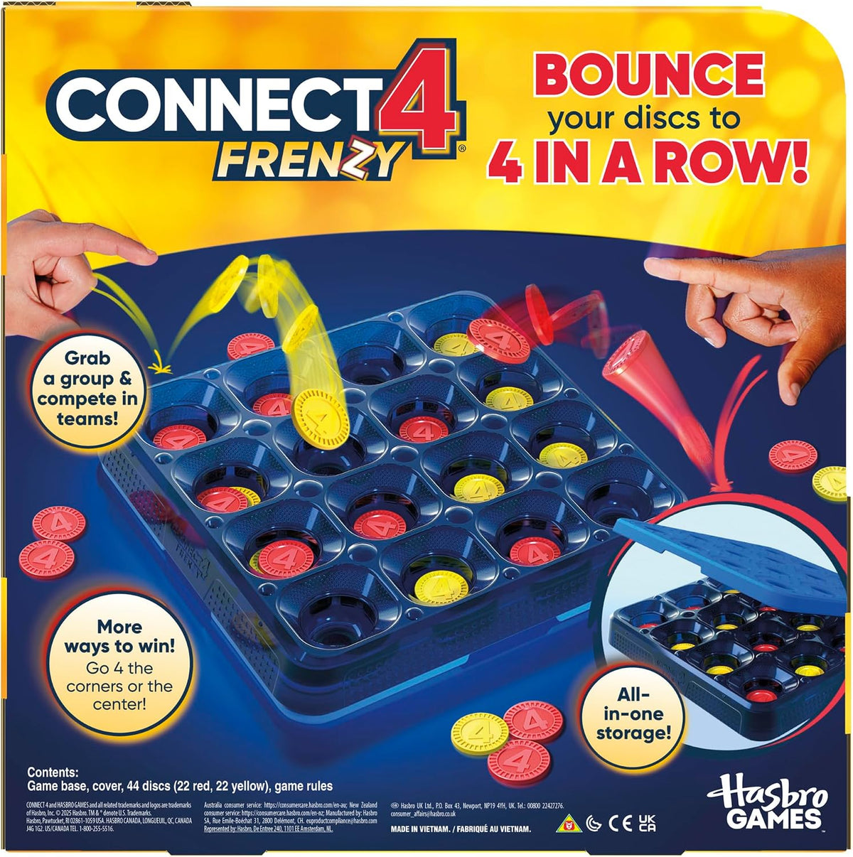 Connect 4 Frenzy box back: bounce your discs to get 4 in a row