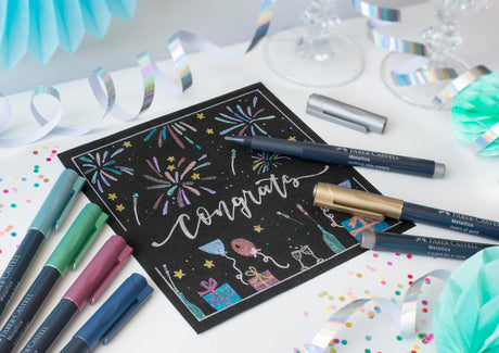 Faber-Castell Metallic Markers - 12 Assorted Colors, Permanent Metallic Pens for All Surfaces, Felt Tip Pens