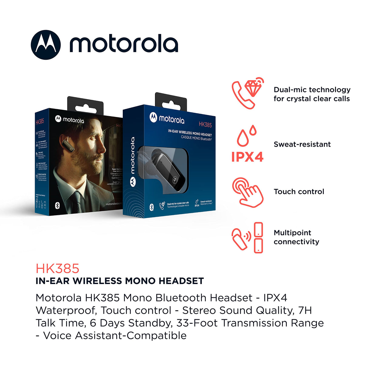 Motorola - Hk385 In Ear Mono Bluetooth Headset - Black