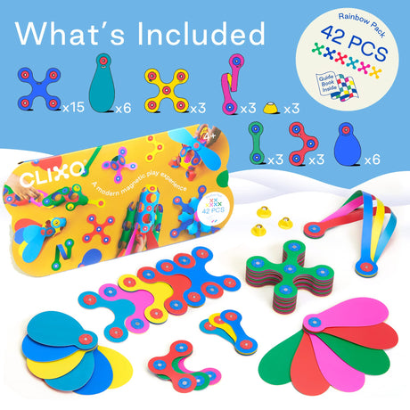 Clixo Rainbow 42 Piece Pack - Flexible, Durable, Imagination-Boosting Magnetic Building Toy- Modern, Modular Designs for Hours of STEM Play. A Multi-Sensory Magnet Toy, Travel Friendly. Ages 4-99