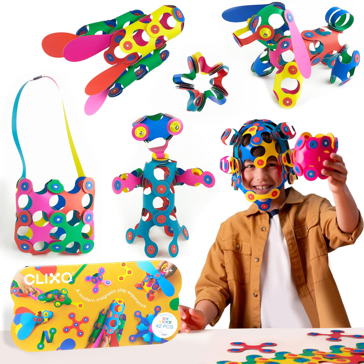 Clixo Rainbow 42 Piece Pack - Flexible, Durable, Imagination-Boosting Magnetic Building Toy- Modern, Modular Designs for Hours of STEM Play. A Multi-Sensory Magnet Toy, Travel Friendly. Ages 4-99