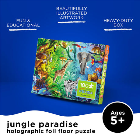 Crocodile Creek Holographic Foil Puzzle, 100 Piece Puzzle for Ages 5 Years with Heavy Duty Storage Box, 24 x 18 in, Jungle Paradise