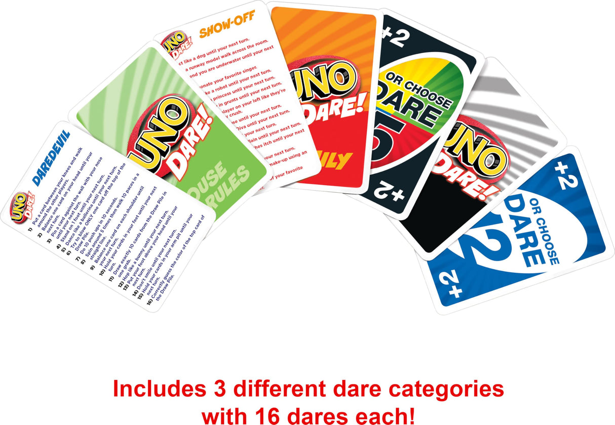 Mattel Games UNO Dare Card Game for Family & Game Nights Featuring Challenging & Silly Dares from 3 Different Categories