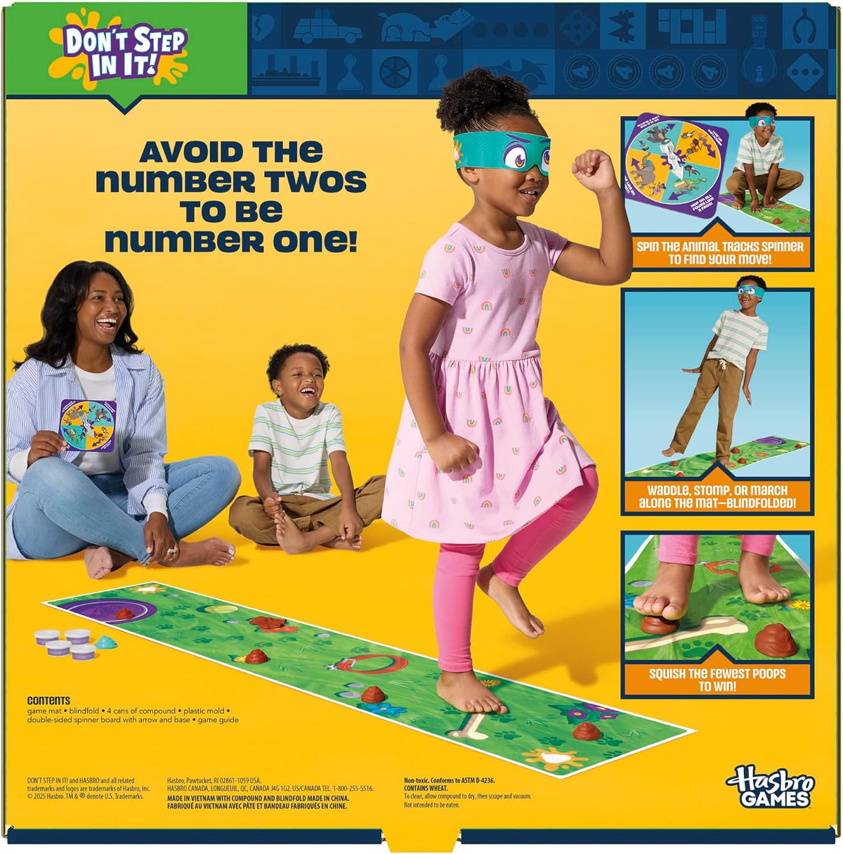 Don't Step In It! box back showing the blindfolded game play