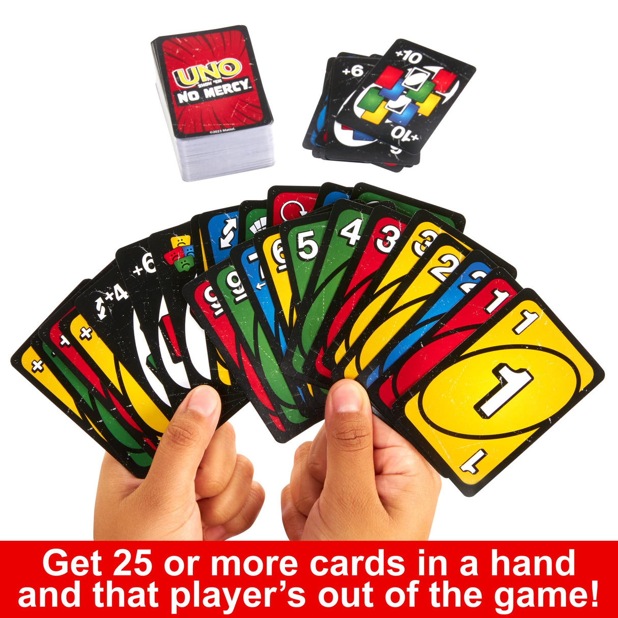 Mattel Games UNO Show ‘em No Mercy Card Game for Kids, Adults & Family Parties & Travel with Extra Cards, Special Rules & Tougher Penalties