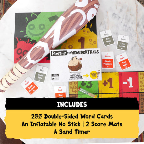 Exploding Kittens Presents Poetry for Neanderthals - Family Card Game for Adults, Teens & Kids - Competitive Word Guessing Family Games, Ages 7 and Up - Includes 200 cards and a 2-foot inflatable club