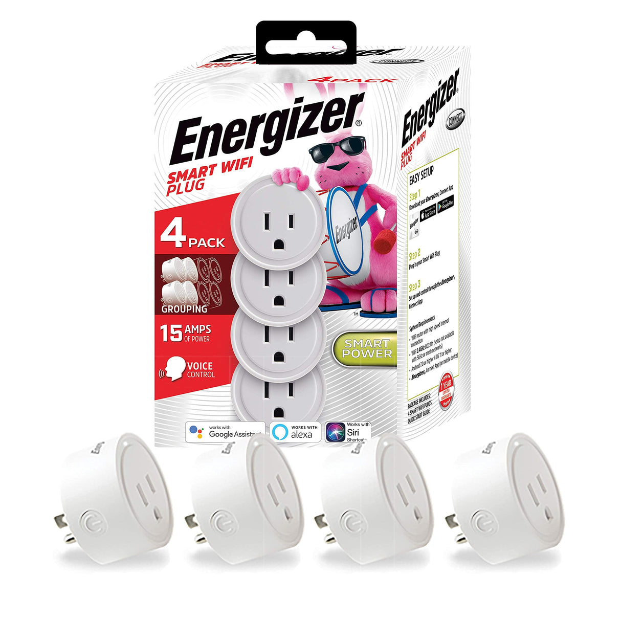 Energizer Connect Smart WiFi Plug 4 Pack, Mobile Connect App Enabled, Voice Controlled, Alexa, Echo, Siri, Hey Google Enabled, No Hub Required, Mini Outlet 15-Watt, 2.4GHz, ETL & FCC Certified