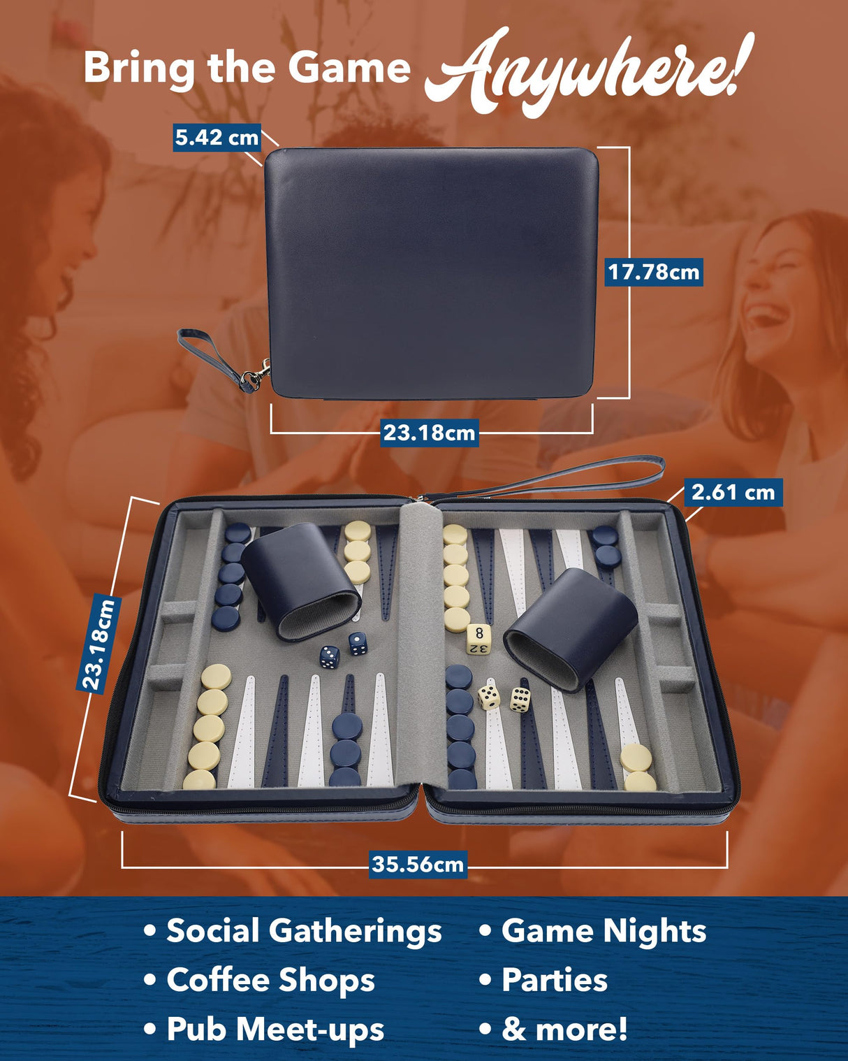 WE Games Backgammon Set, Board Games for Adults - Travel Games - Magnetic with Navy Blue Leatherette Backgammon Board and Carrying Strap - Travel Backgammon Sets for Adults