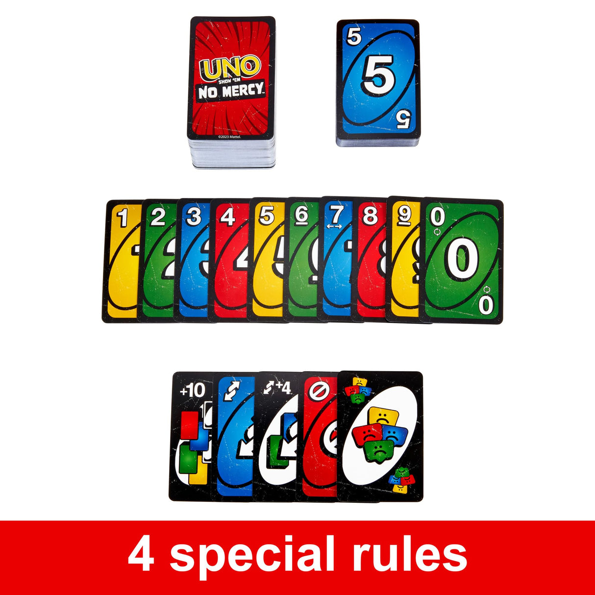 Mattel Games UNO Show ‘em No Mercy Card Game for Kids, Adults & Family Parties & Travel with Extra Cards, Special Rules & Tougher Penalties