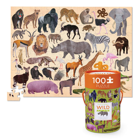 Crocodile Creek Jigsaw Puzzle in Canister, 100 Piece Table or Floor Puzzle Includes Educational Animal Finder Sheet, for Ages 5 Years and Up, Thirty-Six Wild Animals