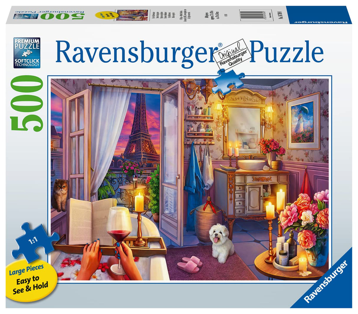 Ravensburger Cozy Bathroom Jigsaw Puzzle - 500 Piece Large Format | Adult Friendly | Unique Softclick Technology for Perfect Fit | Vibrant & Glare-Free | FSC-Certified Sustainable Product