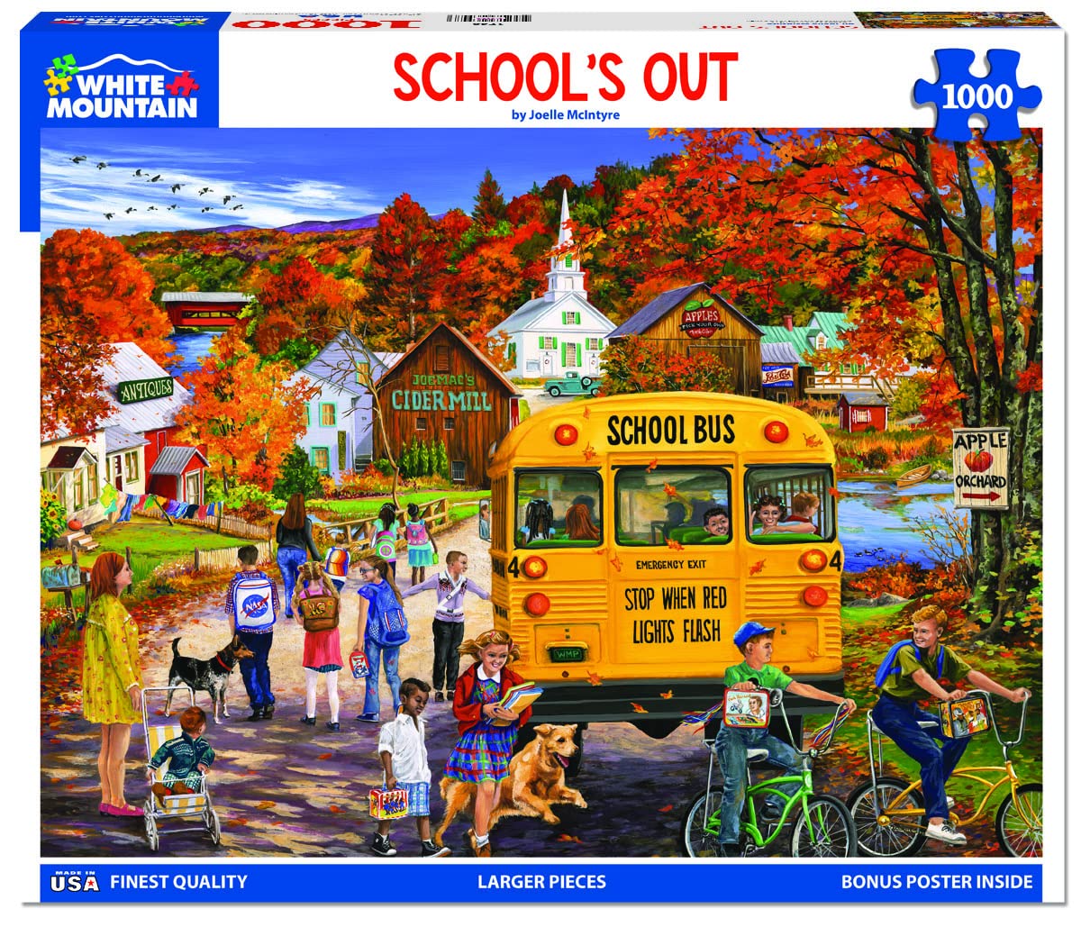 White Mountain - Schools Out, 1000 Piece Jigsaw Puzzle, Autumn Puzzle, School Puzzle, School Bus, Fall Puzzle