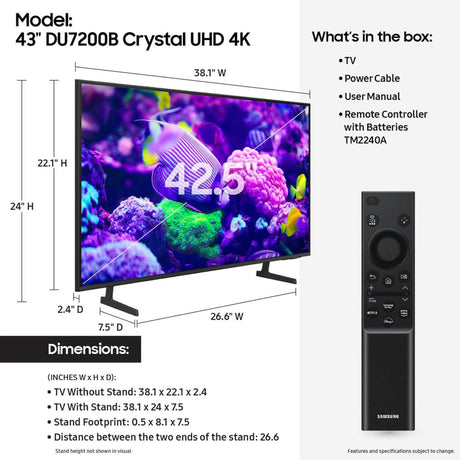 SAMSUNG 43-Inch Class Crystal UHD 4K DU7200 Series HDR Smart TV w/Object Tracking Sound Lite, PurColor, Motion Xcelerator, Mega Contrast, Q-Symphony (UN43DU7200, 2024 Model)