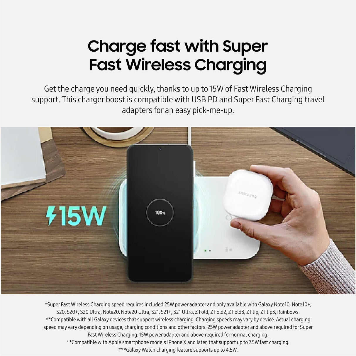 Samsung - Dual Fast Wireless Charger 15w With Usb C Cable And Power Head - Gray